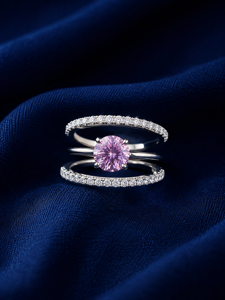 Sterling Silver Pink Round Orbit Stack Ring for Women - Silver Finish - front view