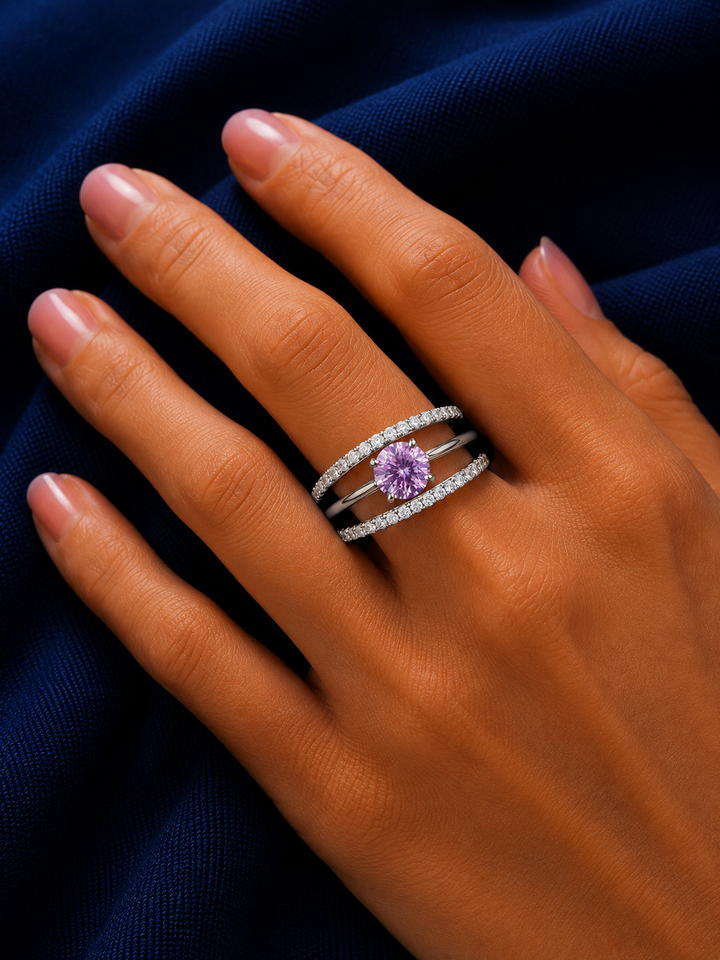 Sterling Silver Pink Round Orbit Stack Ring for Women - Silver Finish - alternate view 2