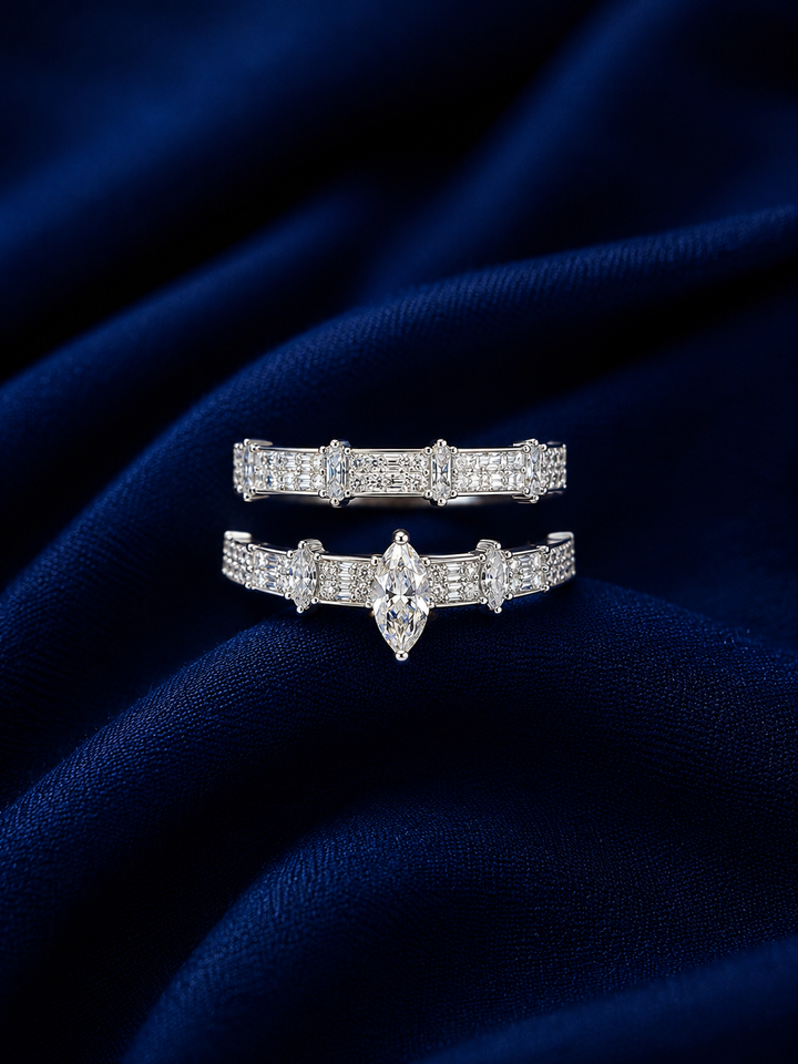 Sterling Silver Marquise Centre Double-Band Ring for Women - Silver Finish - front view
