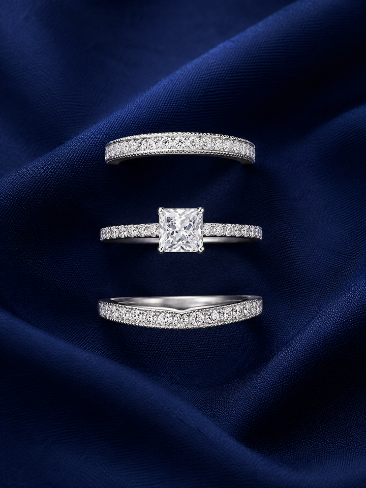 Sterling Silver Princess-Cut Stackable Ring Set for Women - Silver Finish - front view