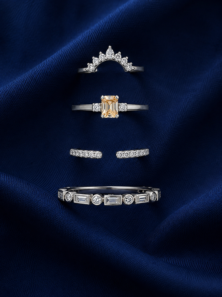 Sterling Silver Mixed-Cut Stackable Ring Set for Women - Silver Finish - front view