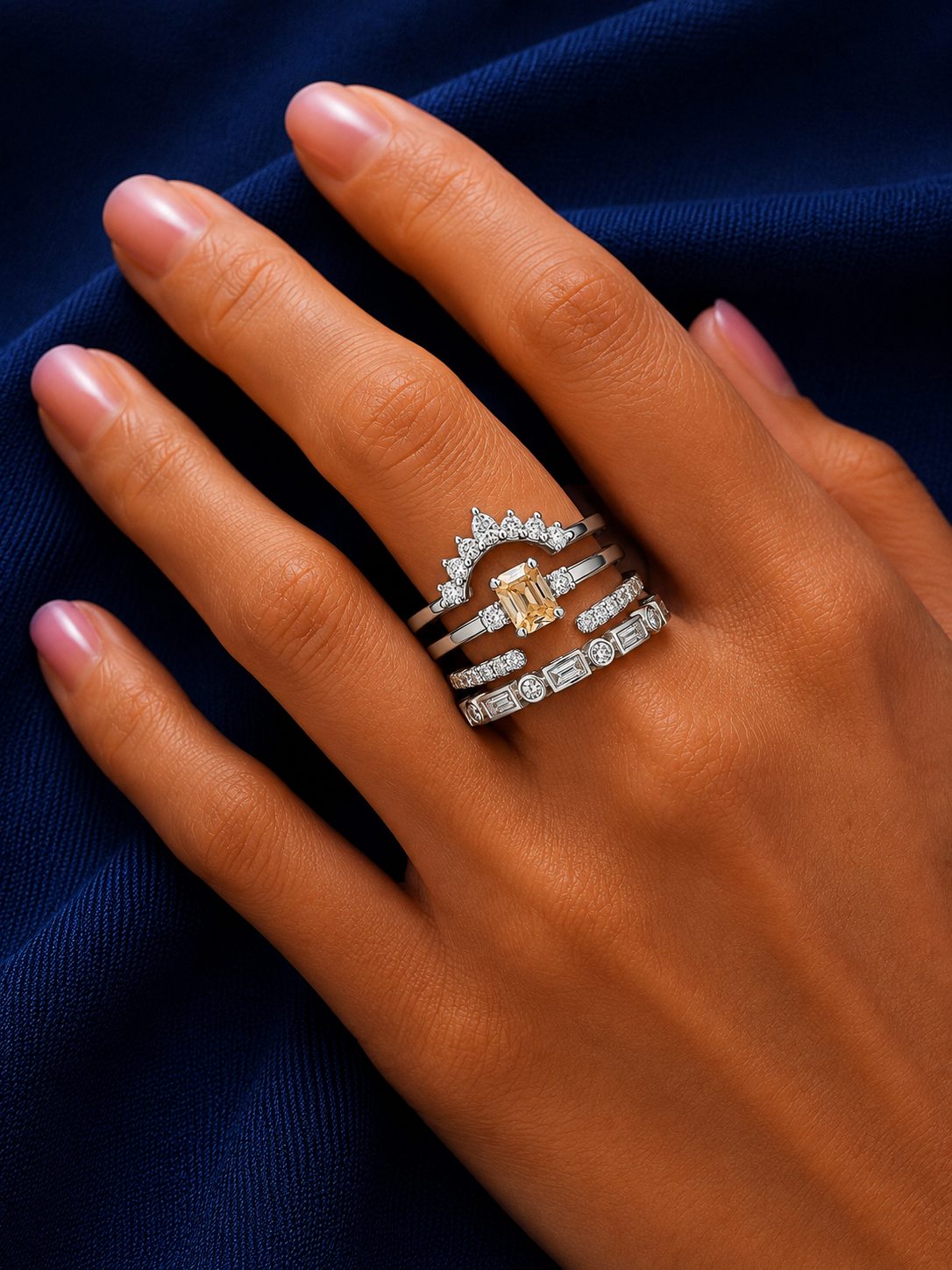 Sterling Silver Mixed-Cut Stackable Ring Set for Women - Silver Finish - alternate view 2