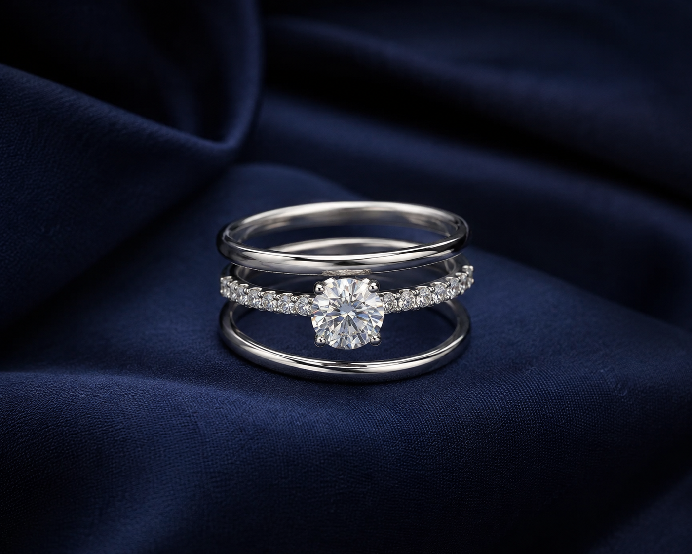 Sterling Silver Floating Round Solitaire Multi-Band Ring for Women - Silver Finish - front view
