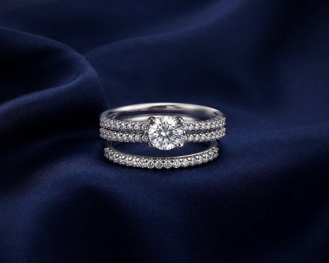 Sterling Silver Round Solitaire Triple-Pavé Ring for Women - Silver Finish - front view