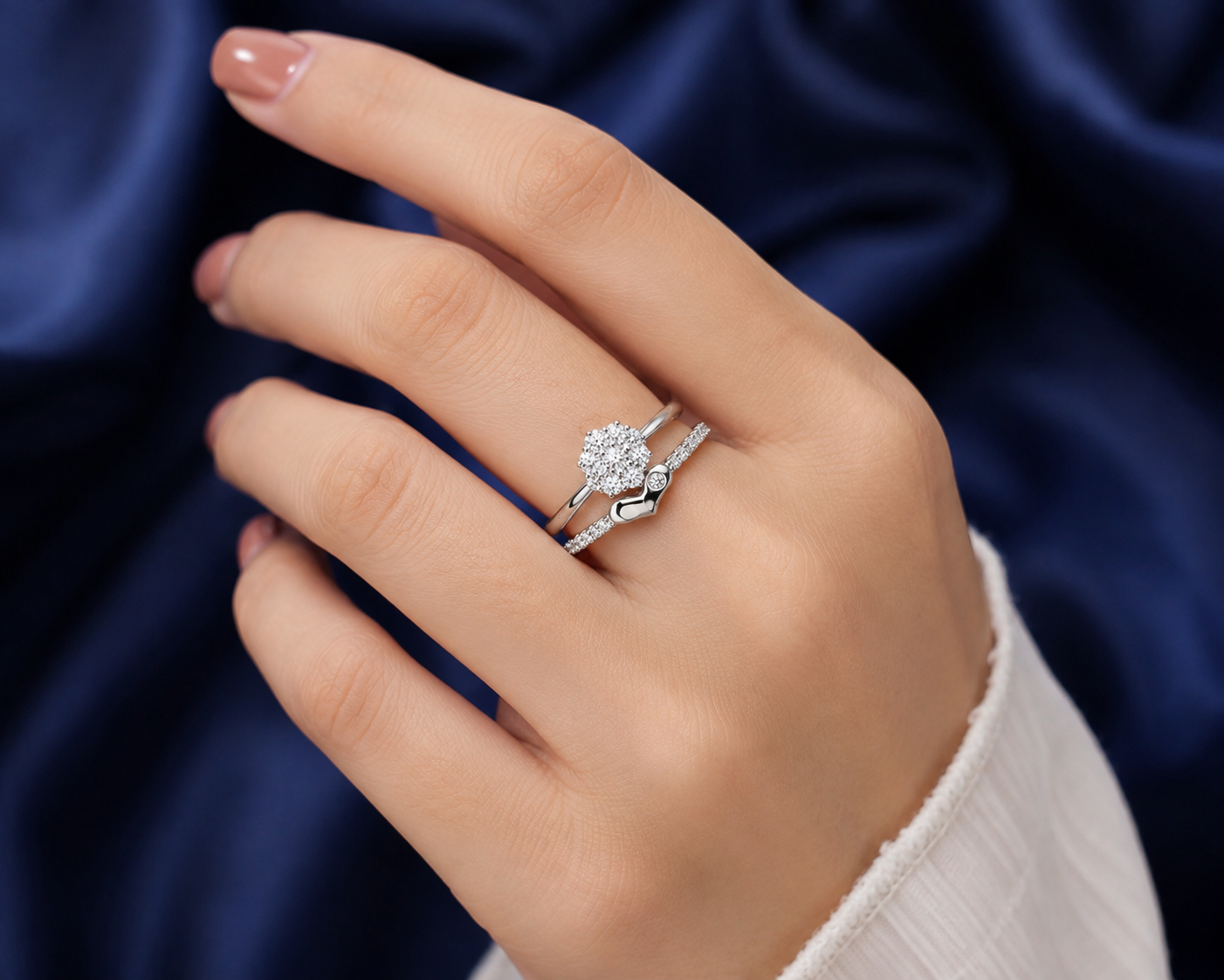 Sterling Silver Floral Cluster and Heart Stack Ring for Women - Silver Finish - alternate view 2