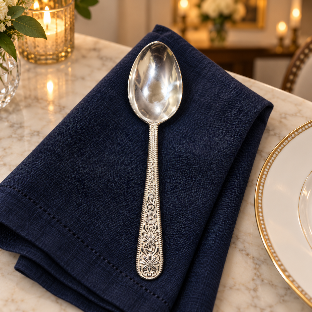 Pure Silver Ornate Dining Spoon - 16 cm - Image 4