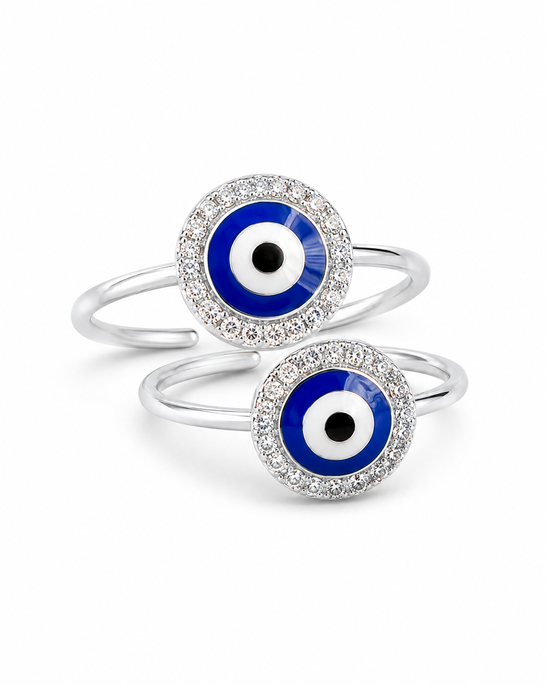925 Sterling Silver Women's Round Evil Eye Halo Toe Rings - Pair - White Background