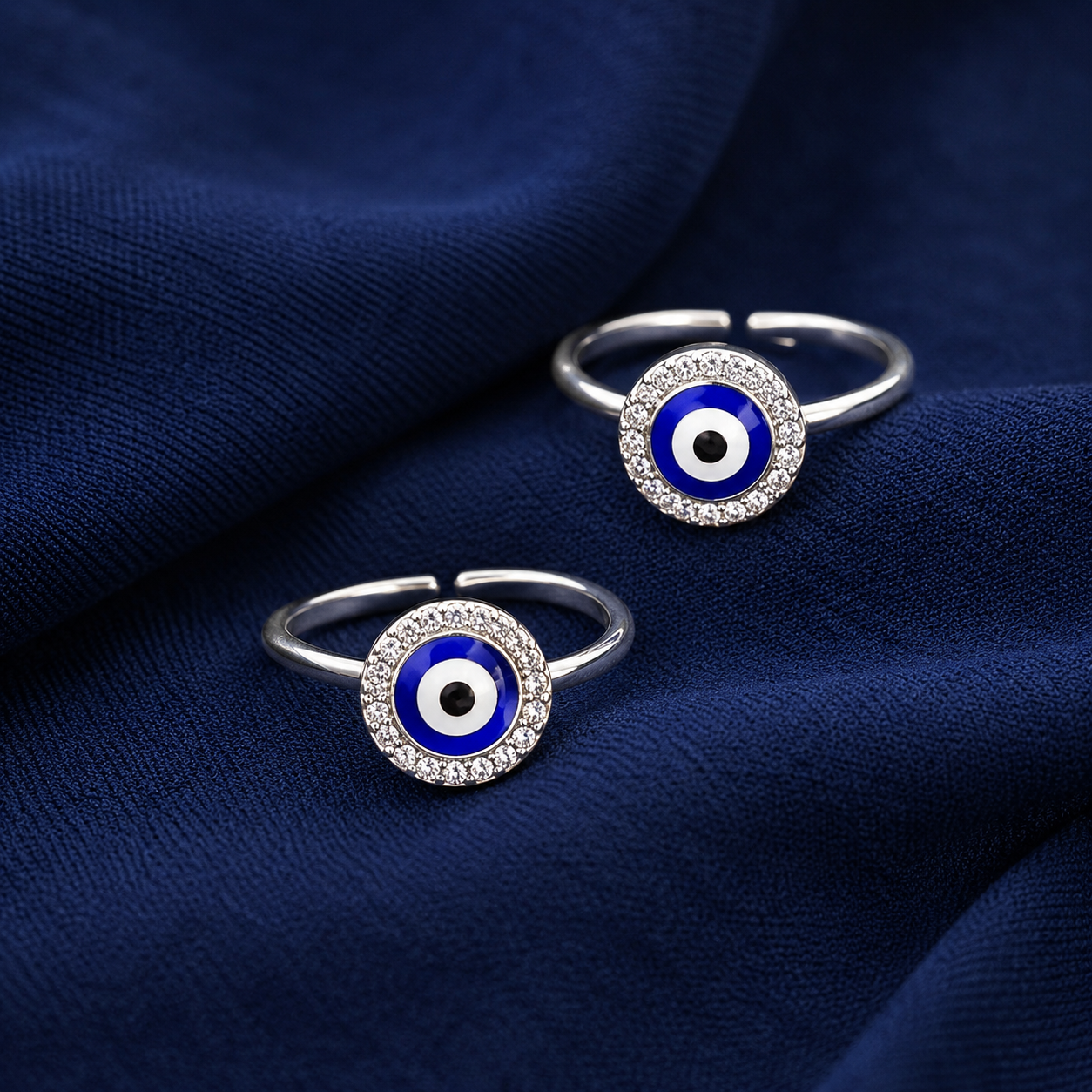 925 Sterling Silver Women's Round Evil Eye Halo Toe Rings - Pair - Navy Blue Background