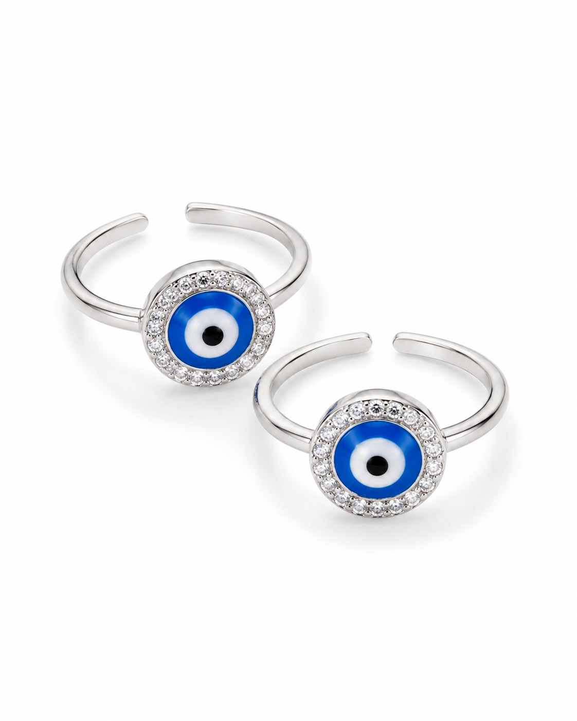 925 Sterling Silver Women's Classic Blue Evil Eye Halo Toe Rings - Pair - White Background