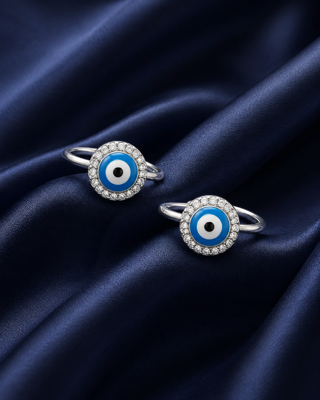 925 Sterling Silver Women's Classic Blue Evil Eye Halo Toe Rings - Pair - Navy Blue Background