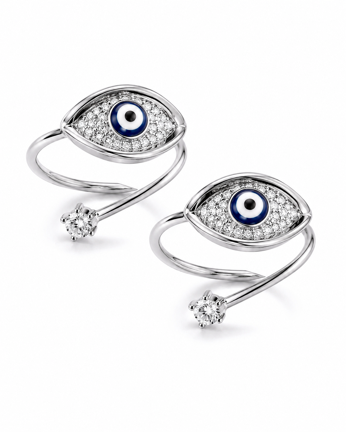 925 Sterling Silver Women's Marquise Evil Eye Drop Toe Rings - Pair - White Background
