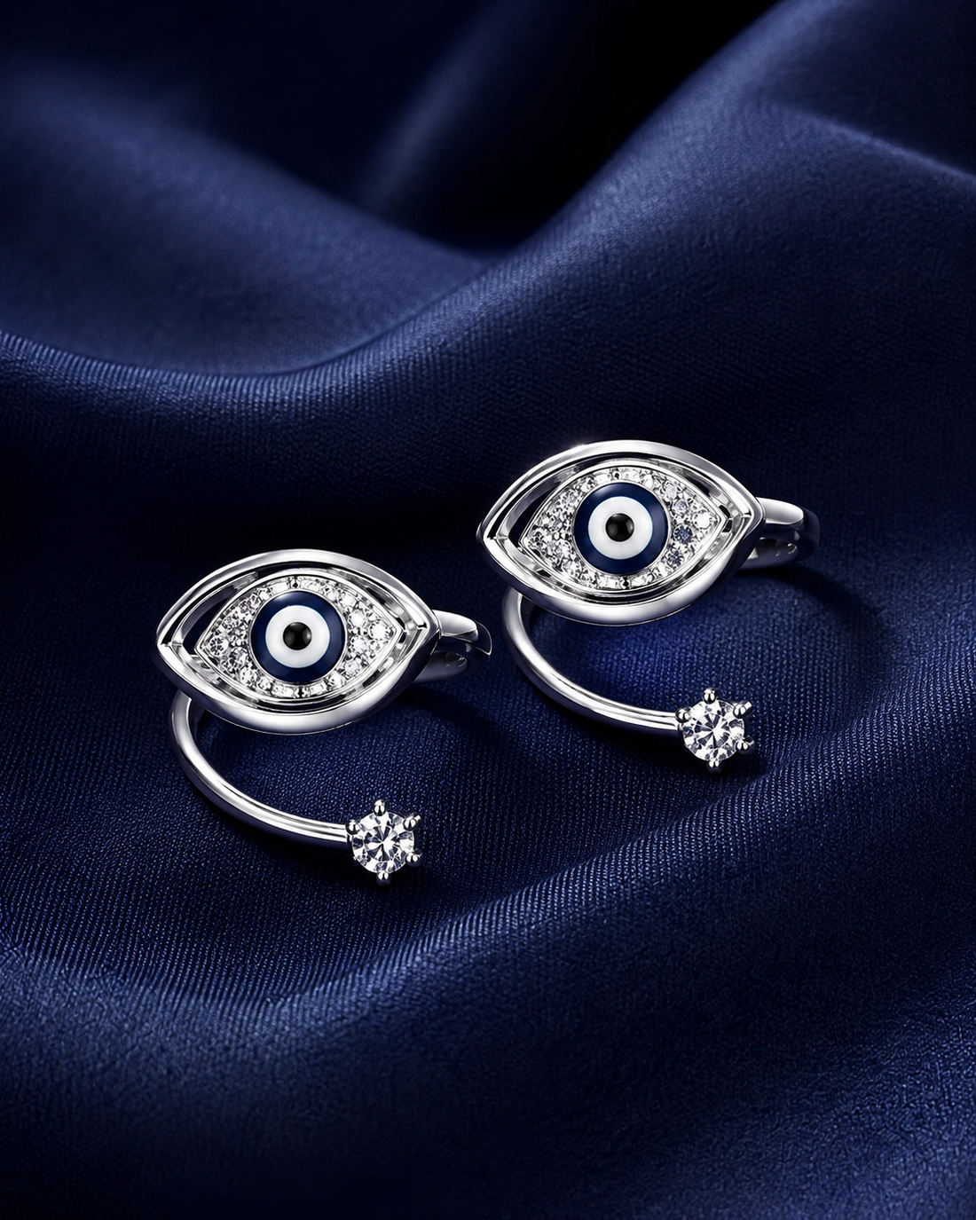 925 Sterling Silver Women's Marquise Evil Eye Drop Toe Rings - Pair - Navy Blue Background