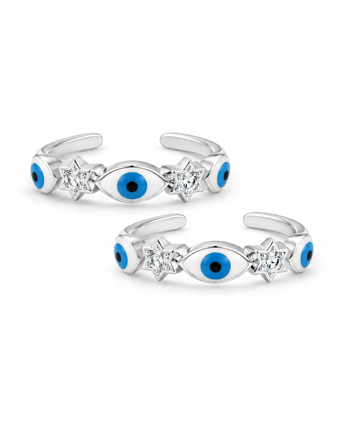 925 Sterling Silver Women's Multi Evil Eye Band Toe Rings - Pair - White Background