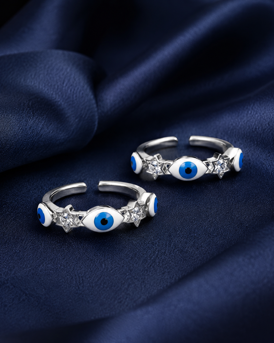 925 Sterling Silver Women's Multi Evil Eye Band Toe Rings - Pair - Navy Blue Background