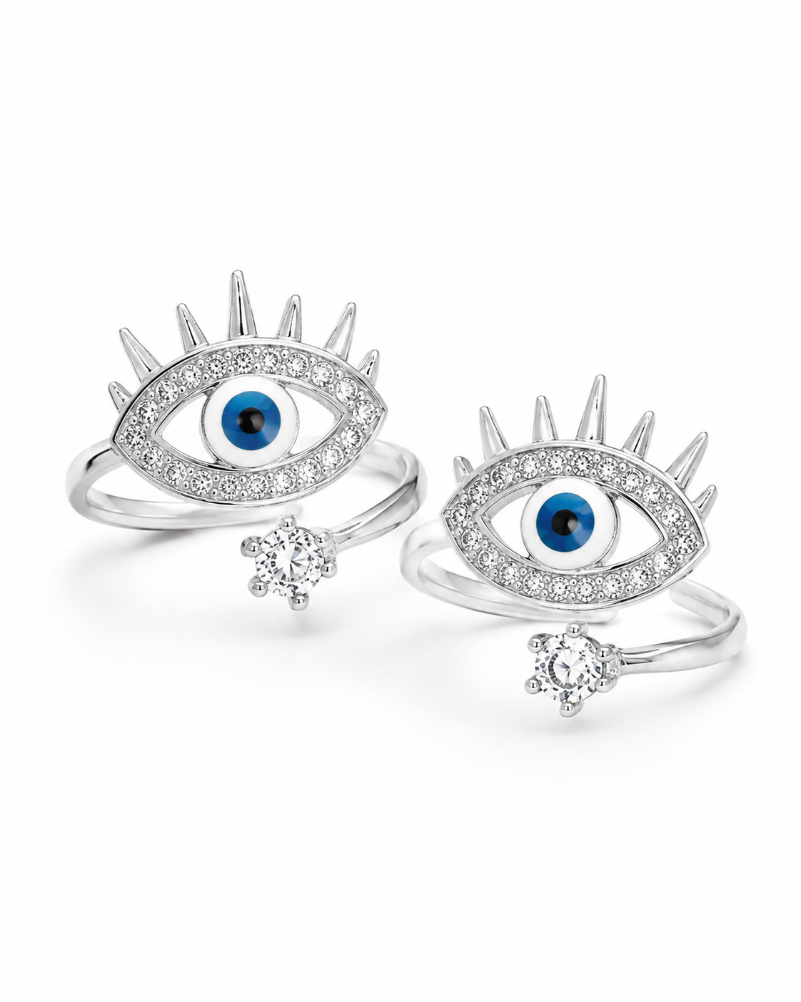 925 Sterling Silver Women's Sunburst Evil Eye Toe Rings - Pair - White Background