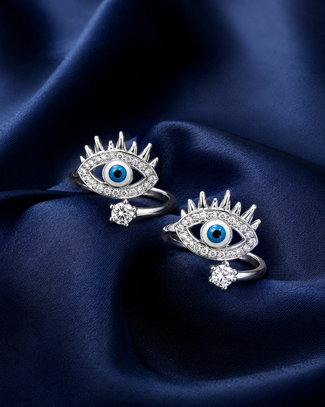 925 Sterling Silver Women's Sunburst Evil Eye Toe Rings - Pair - Navy Blue Background