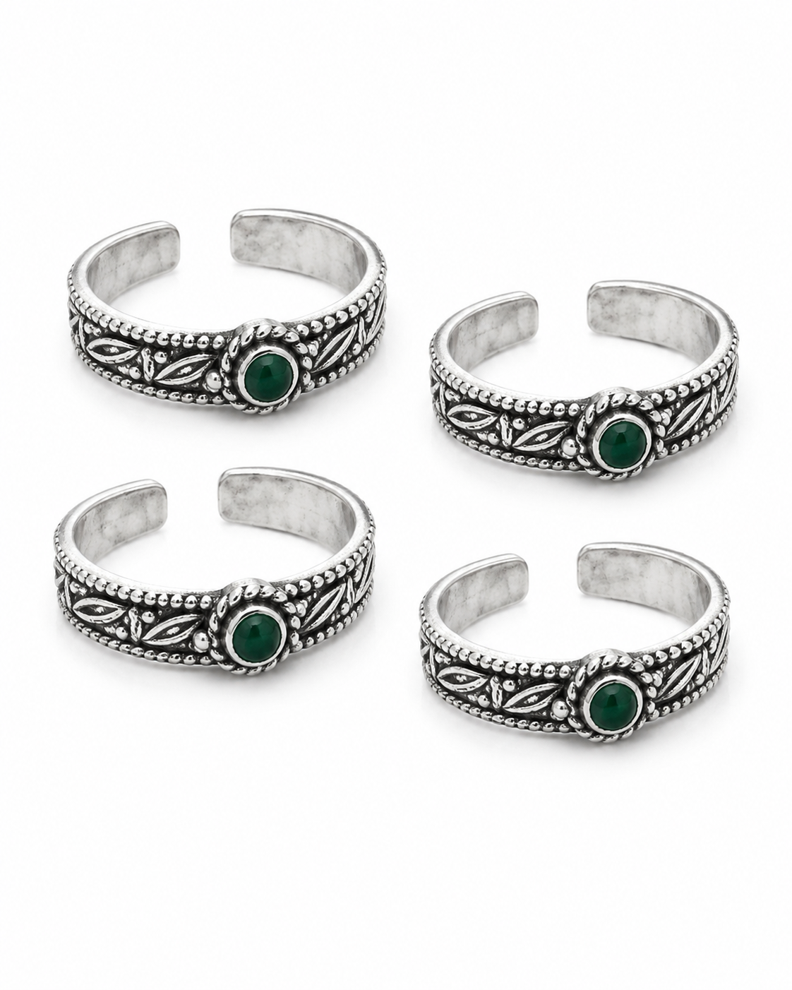 925 Sterling Silver Women's Green Stone Oxidised Band Toe Rings - Set of 4 - White Background