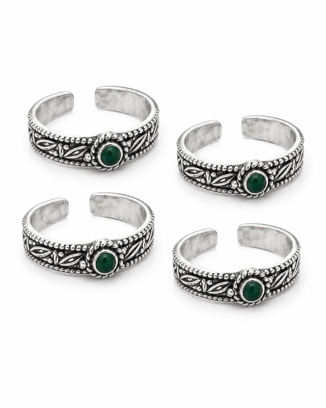 925 Sterling Silver Women's Green Stone Oxidised Band Toe Rings - Set of 4 - White Background