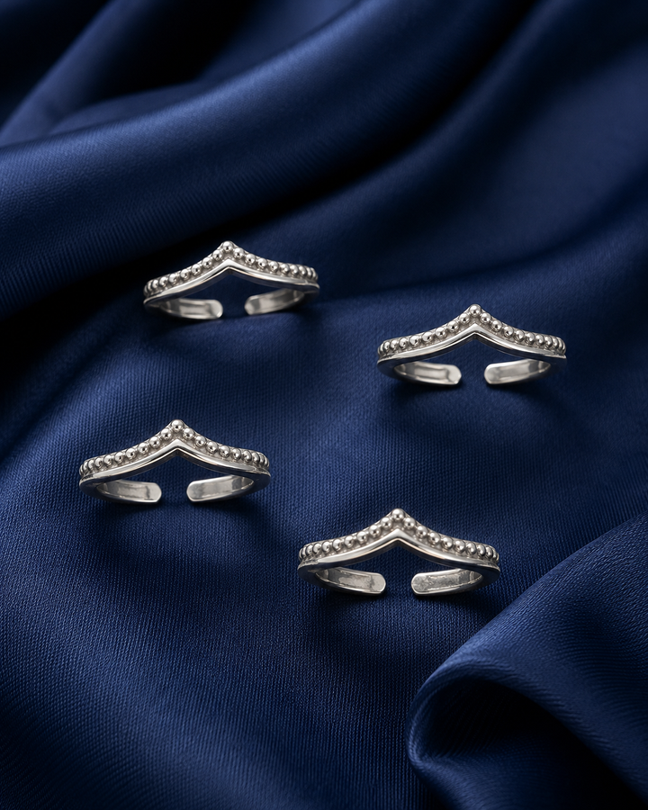 925 Sterling Silver Women's Chevron Texture Band Toe Rings - Set of 4 - Navy Blue Background