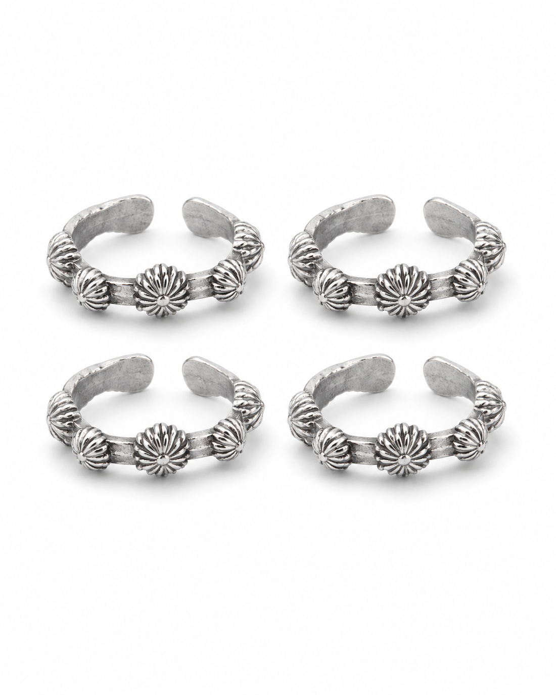 925 Sterling Silver Women's Floral Bead Oxidised Band Toe Rings - Set of 4 - White Background