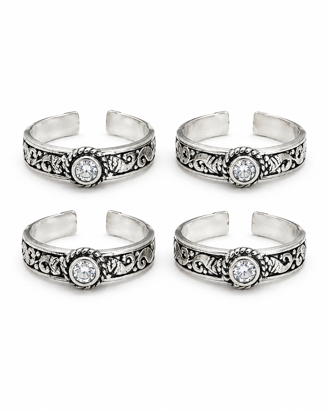 925 Sterling Silver Women's Oval Halo Oxidised Band Toe Rings - Set of 4 - White Background