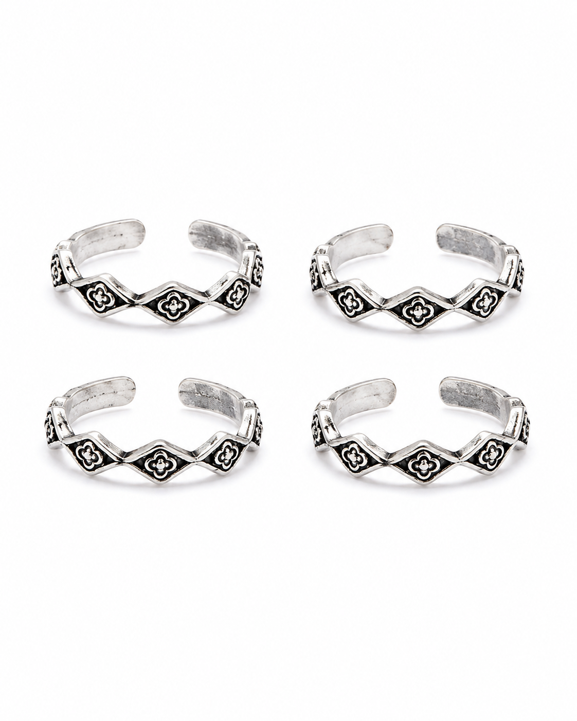 925 Sterling Silver Women's Diamond Motif Oxidised Band Toe Rings - Set of 4 - White Background