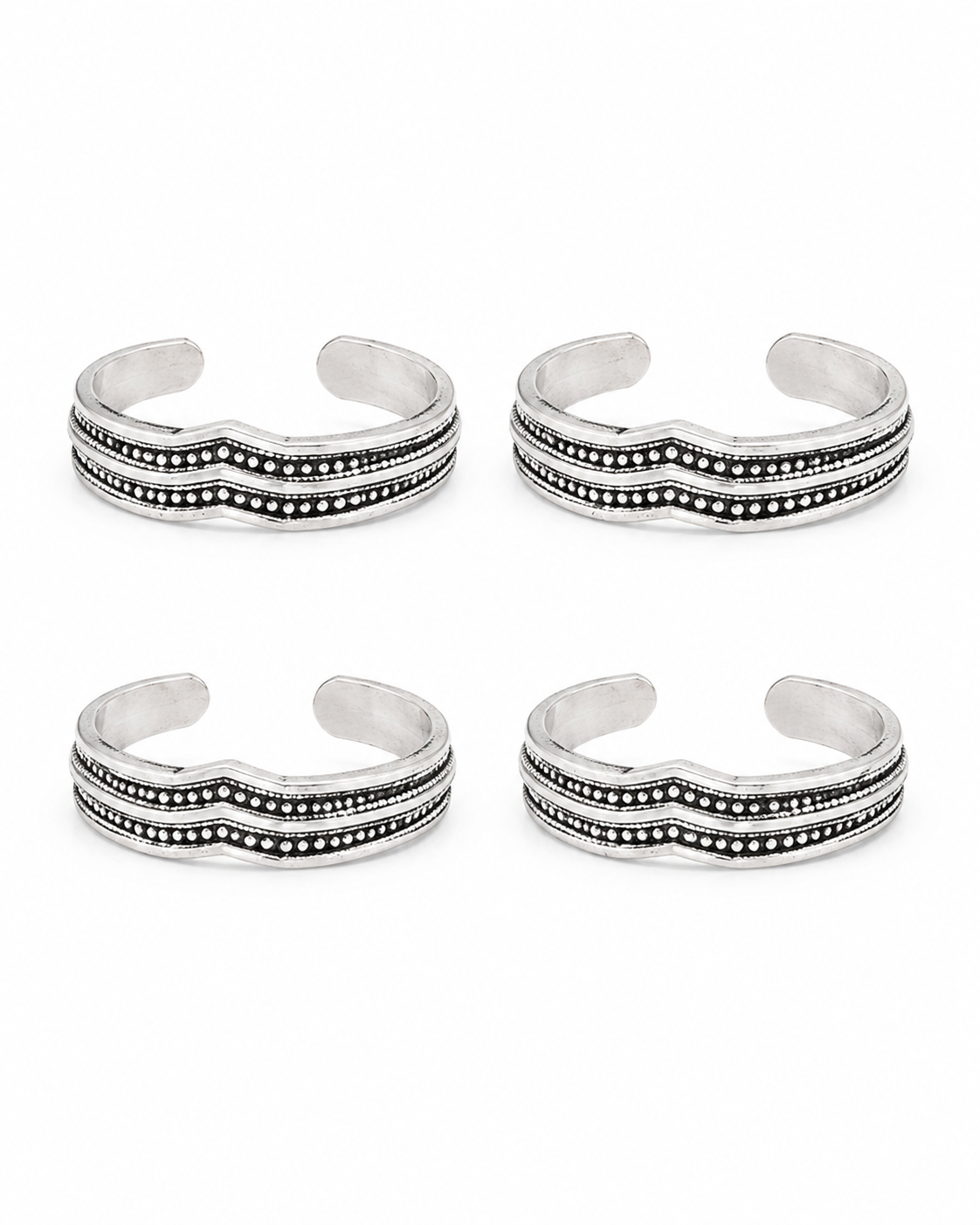 925 Sterling Silver Women's Double Line Textured Band Toe Rings - Set of 4 - White Background