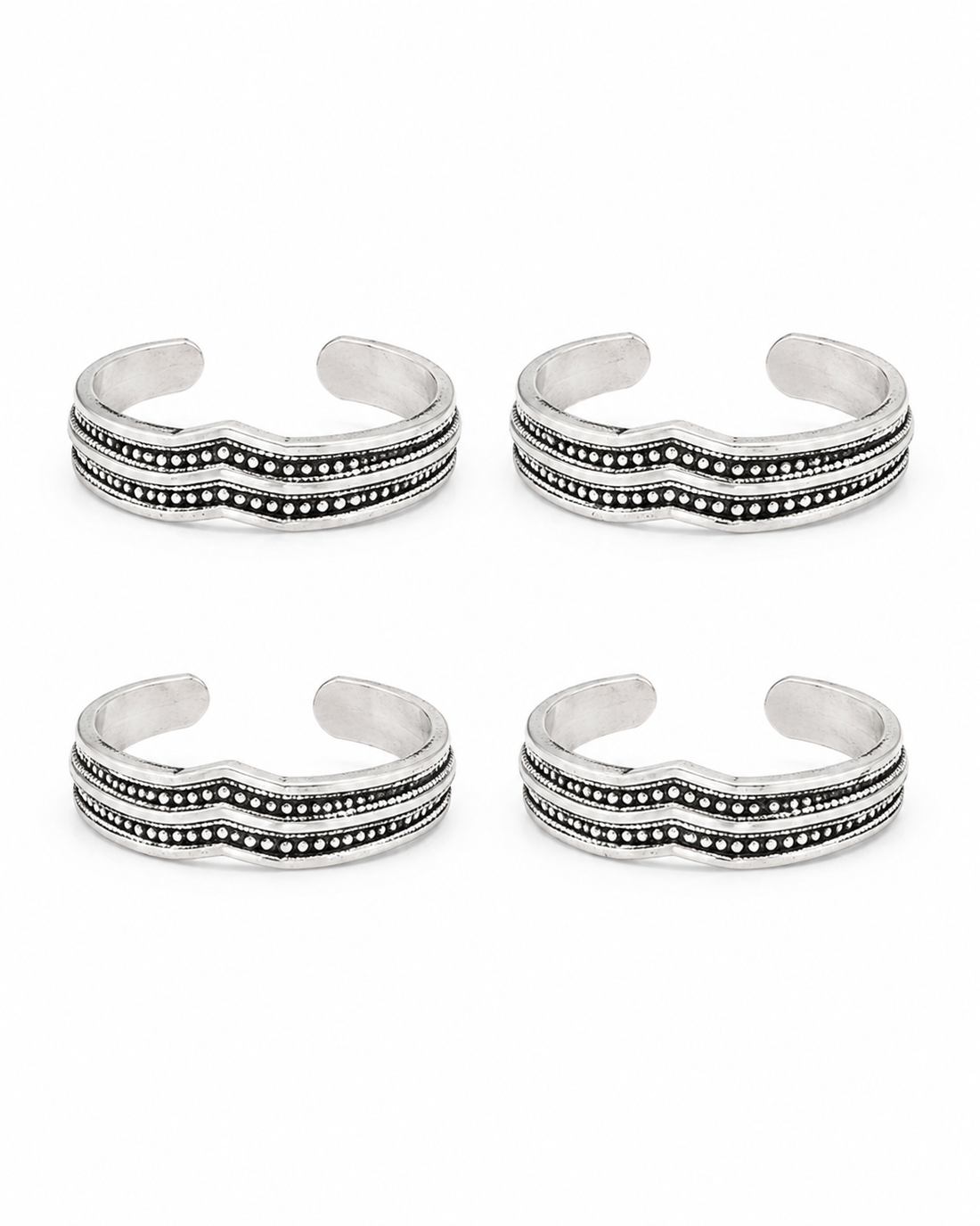 925 Sterling Silver Women's Double Line Textured Band Toe Rings - Set of 4 - White Background
