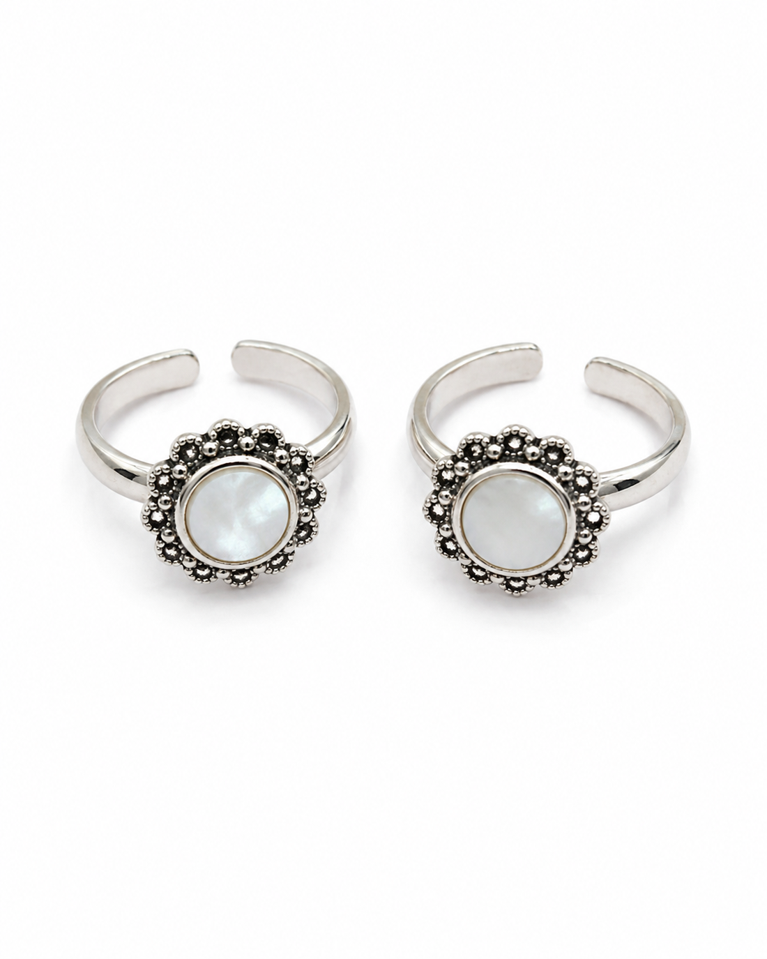 925 Sterling Silver Women's Pearl Halo Toe Rings - Pair - White Background