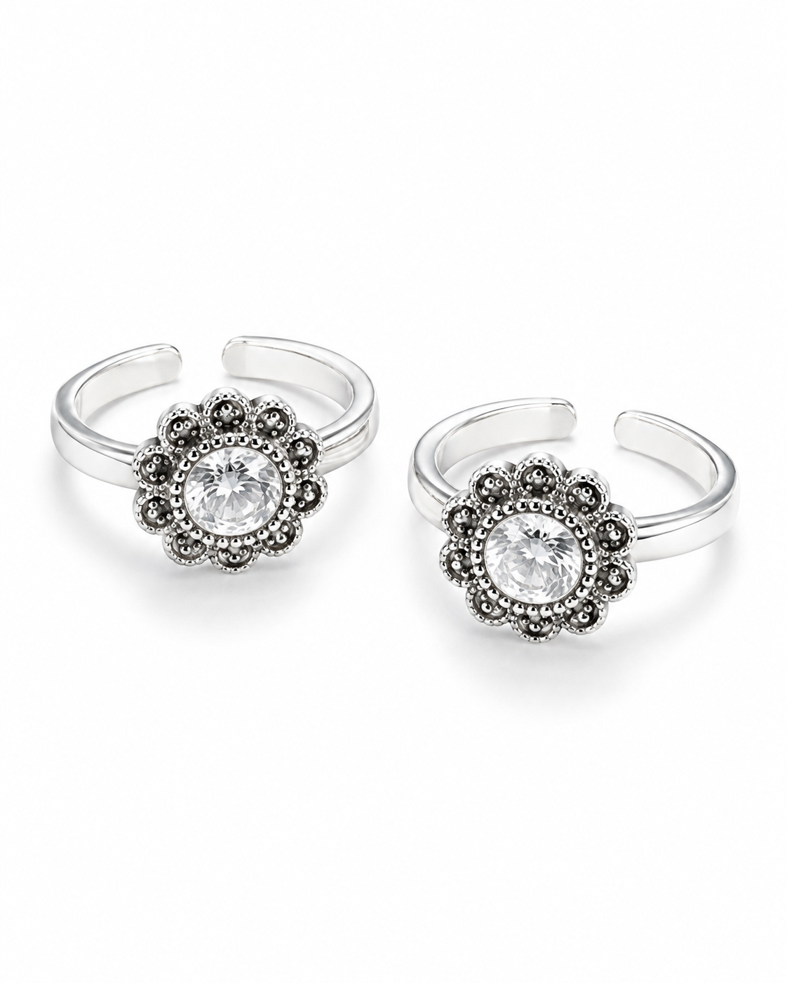 925 Sterling Silver Women's Ornate Floral Halo Toe Rings - Pair - White Background