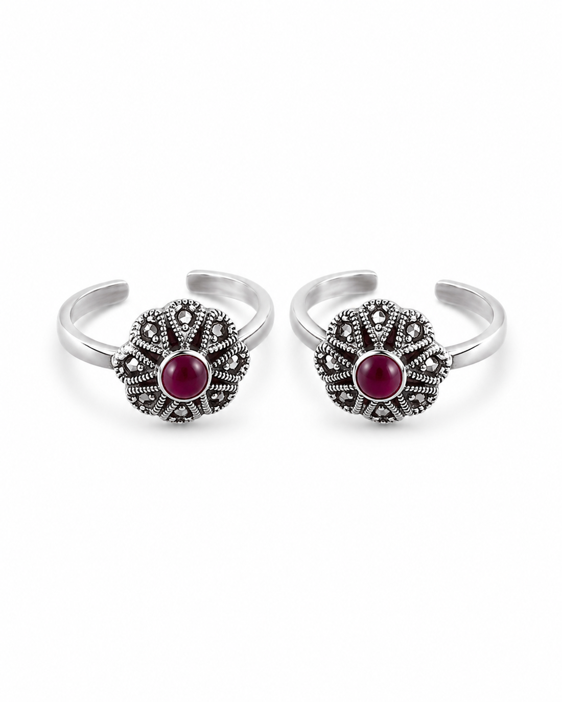 925 Sterling Silver Women's Ruby-Tone Floral Toe Rings - Pair - White Background