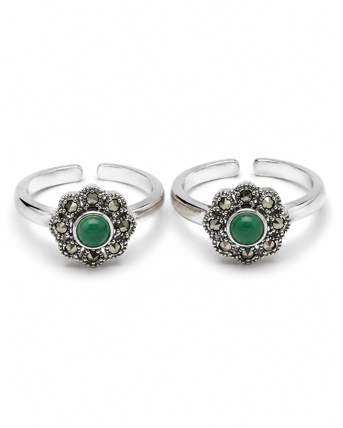 925 Sterling Silver Women's Emerald-Tone Floral Halo Toe Rings - Pair - White Background