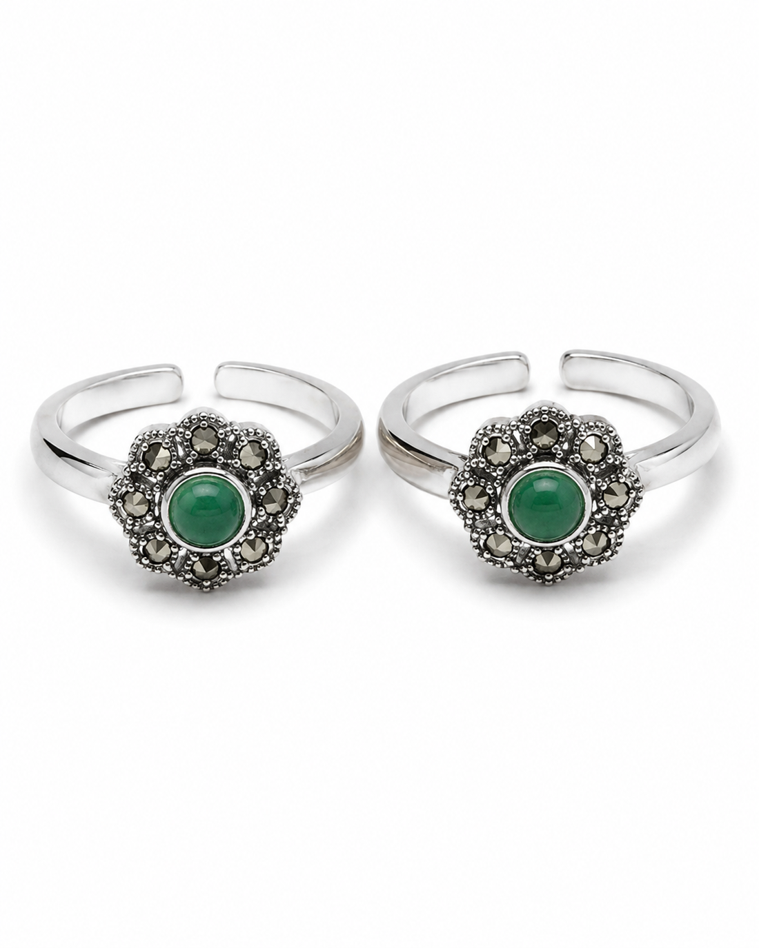 925 Sterling Silver Women's Emerald-Tone Floral Halo Toe Rings - Pair - White Background