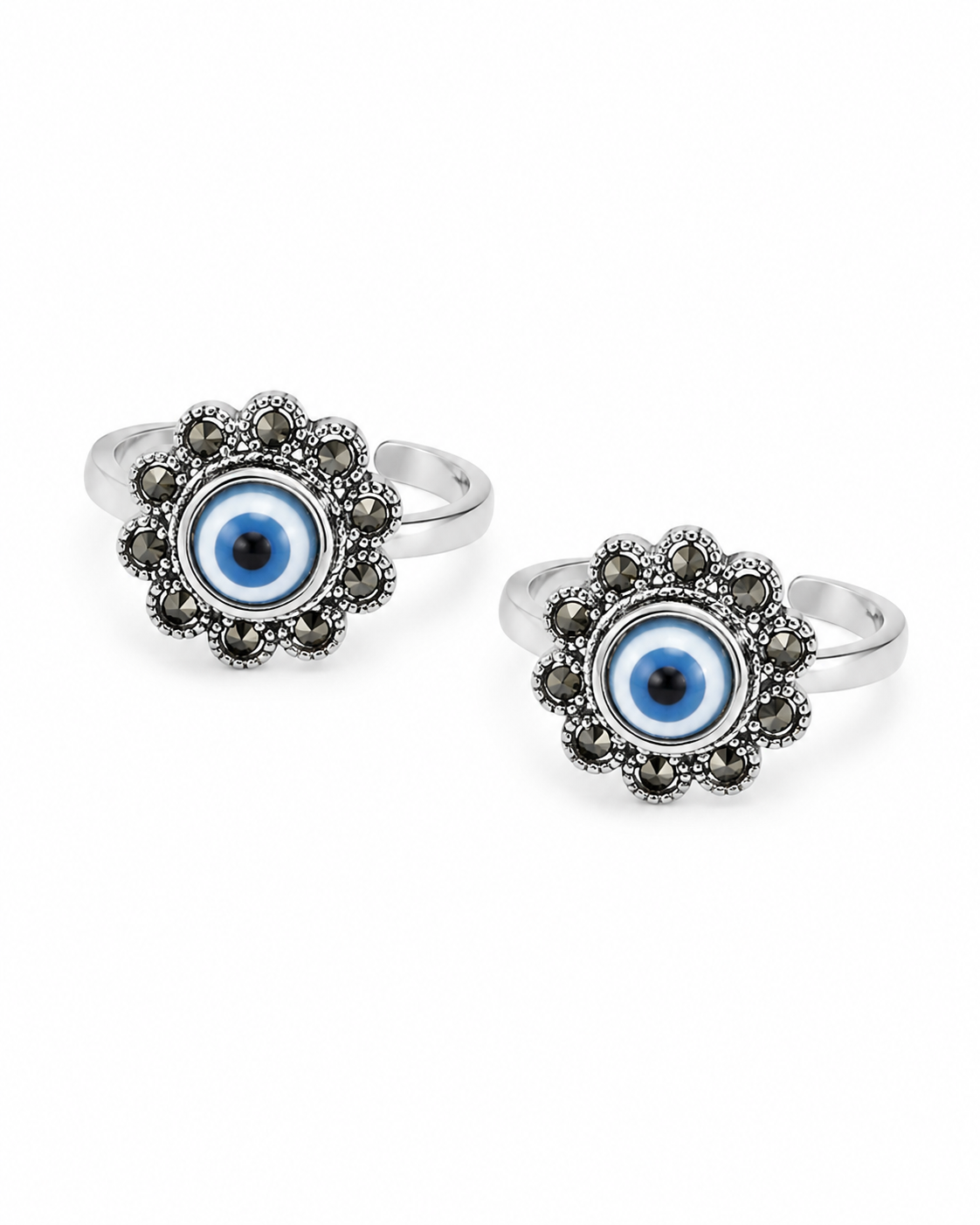 925 Sterling Silver Women's Evil Eye Floral Halo Toe Rings - Pair - White Background
