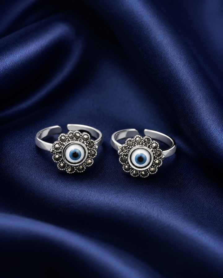 925 Sterling Silver Women's Evil Eye Floral Halo Toe Rings - Pair - Navy Blue Background