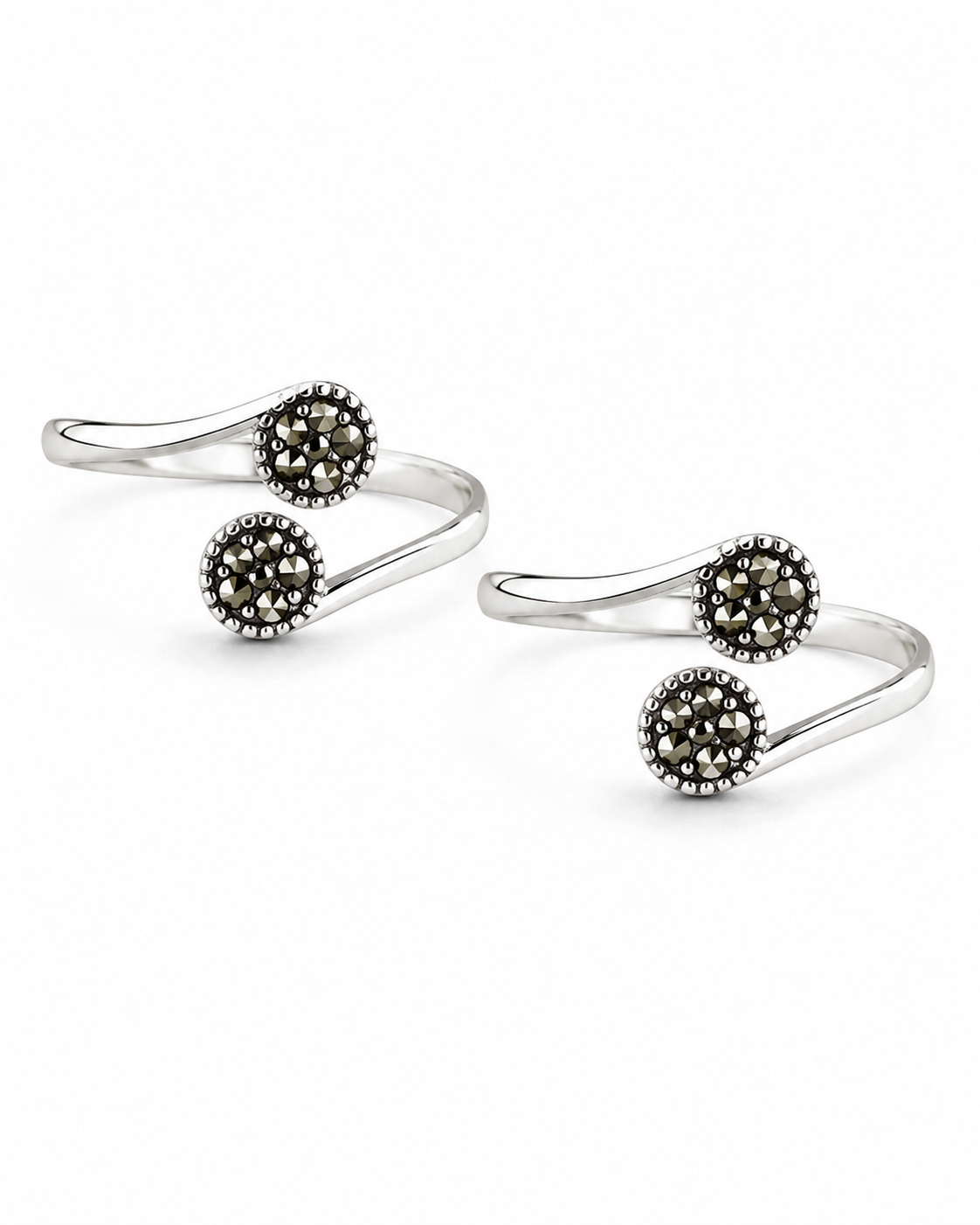 925 Sterling Silver Women's Twin Black Pavé Ball Toe Rings - Pair - White Background