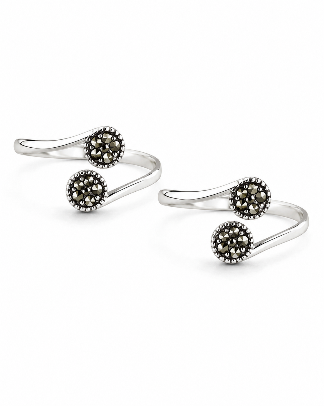925 Sterling Silver Women's Twin Black Pavé Ball Toe Rings - Pair - White Background