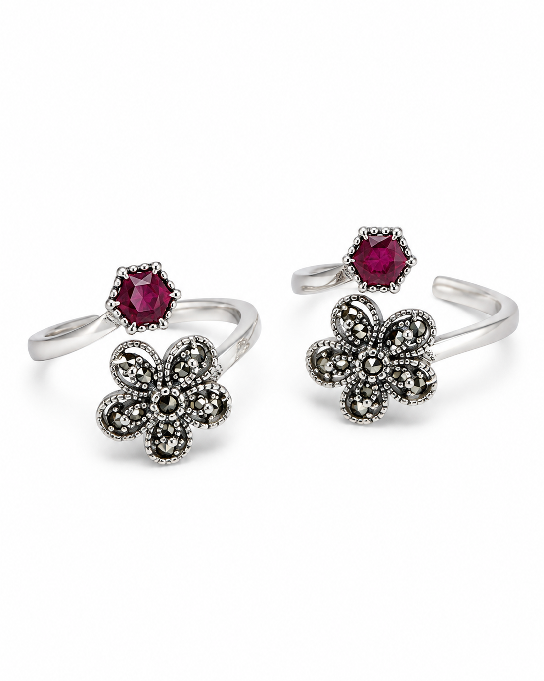 925 Sterling Silver Women's Ruby-Tone Floral Cluster Toe Rings - Pair - White Background
