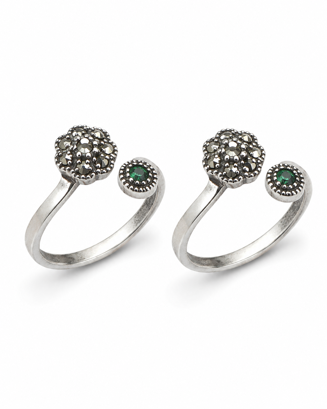 925 Sterling Silver Women's Dual Round Cluster Toe Rings - Pair - White Background
