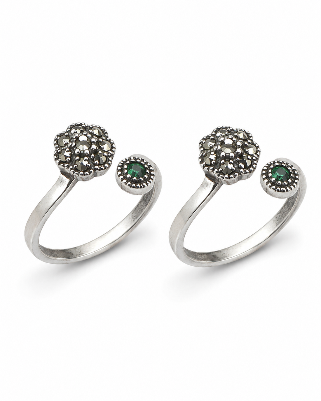 925 Sterling Silver Women's Dual Round Cluster Toe Rings - Pair - White Background