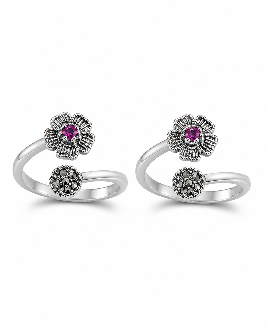 925 Sterling Silver Women's Pink & Black Twin Stone Toe Rings - Pair - White Background