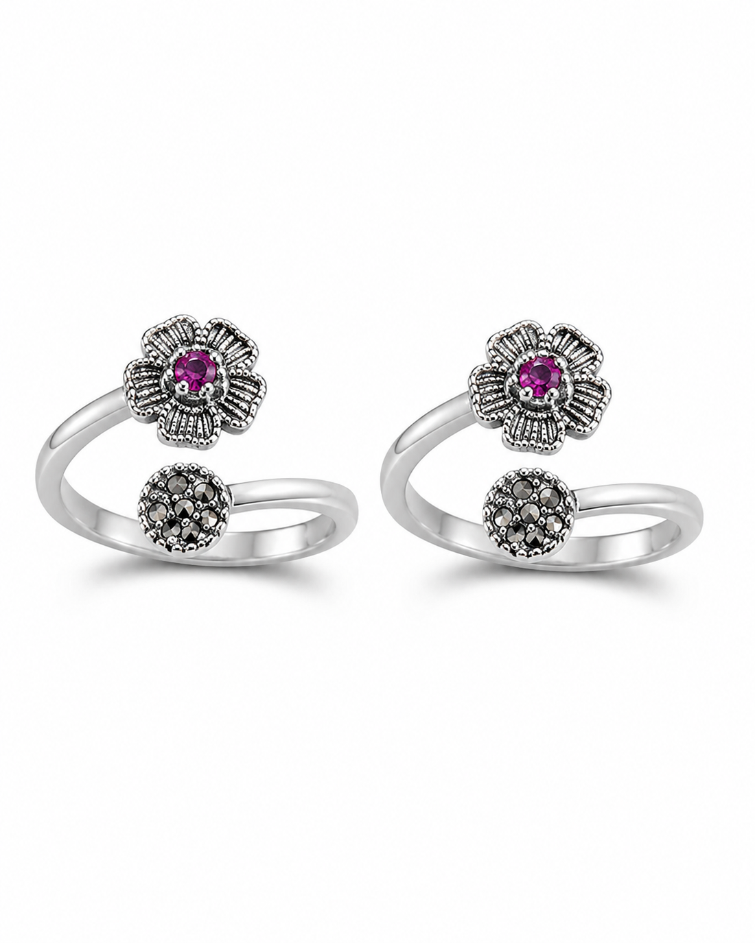 925 Sterling Silver Women's Pink & Black Twin Stone Toe Rings - Pair - White Background