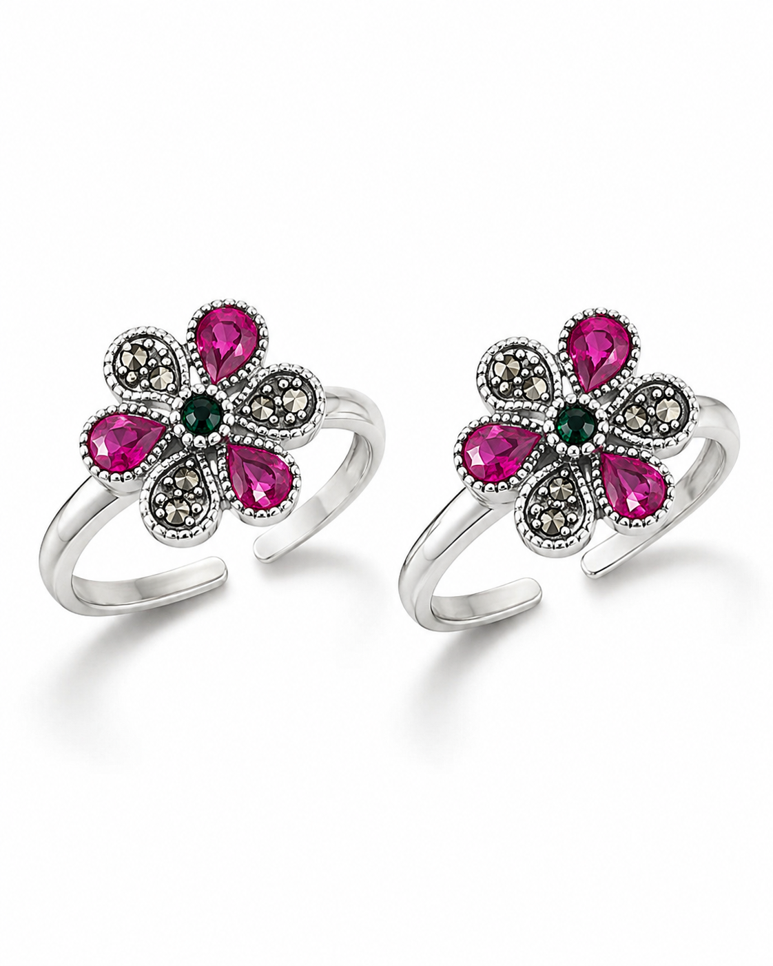 925 Sterling Silver Women's Pink Floral Toe Rings - Pair - White Background