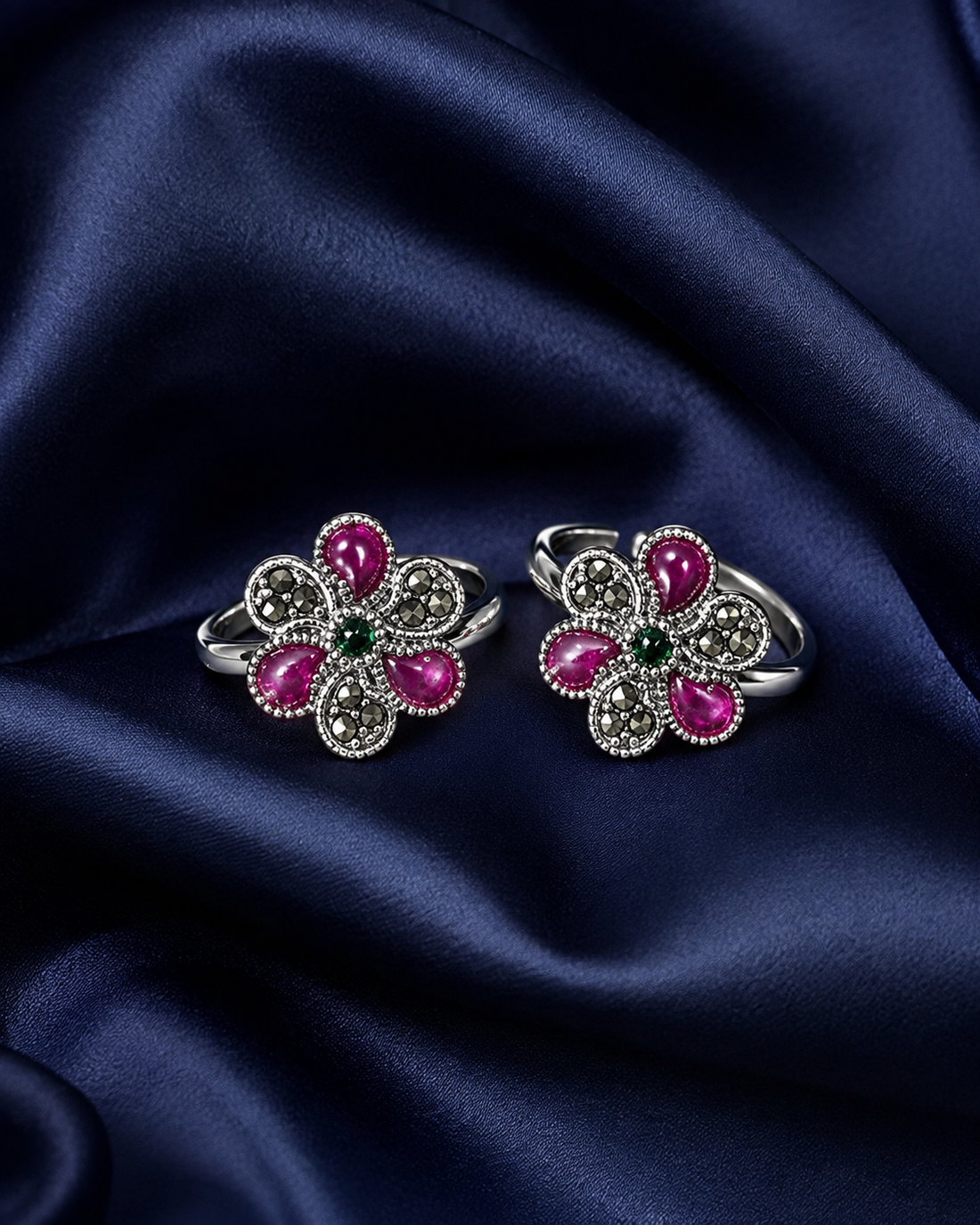 925 Sterling Silver Women's Pink Floral Toe Rings - Pair - Navy Blue Background