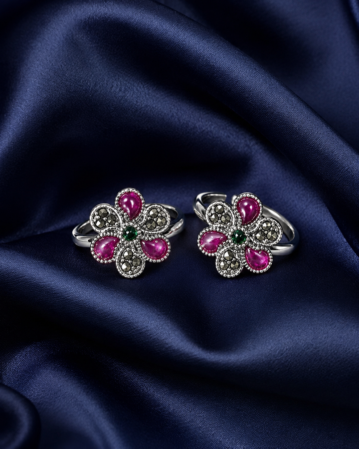 925 Sterling Silver Women's Pink Floral Toe Rings - Pair - Navy Blue Background