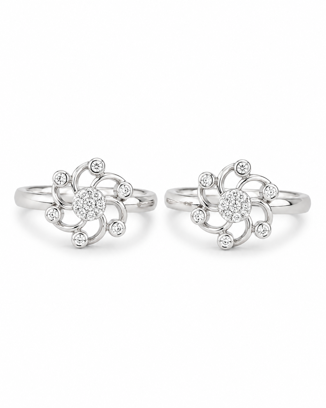 925 Sterling Silver Women's Floral Swirl Toe Rings - Pair - White Background