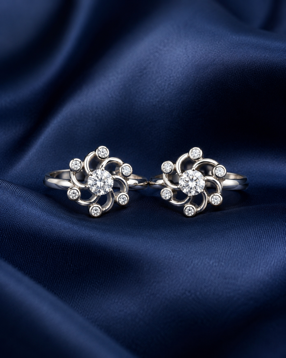 925 Sterling Silver Women's Floral Swirl Toe Rings - Pair - Navy Blue Background