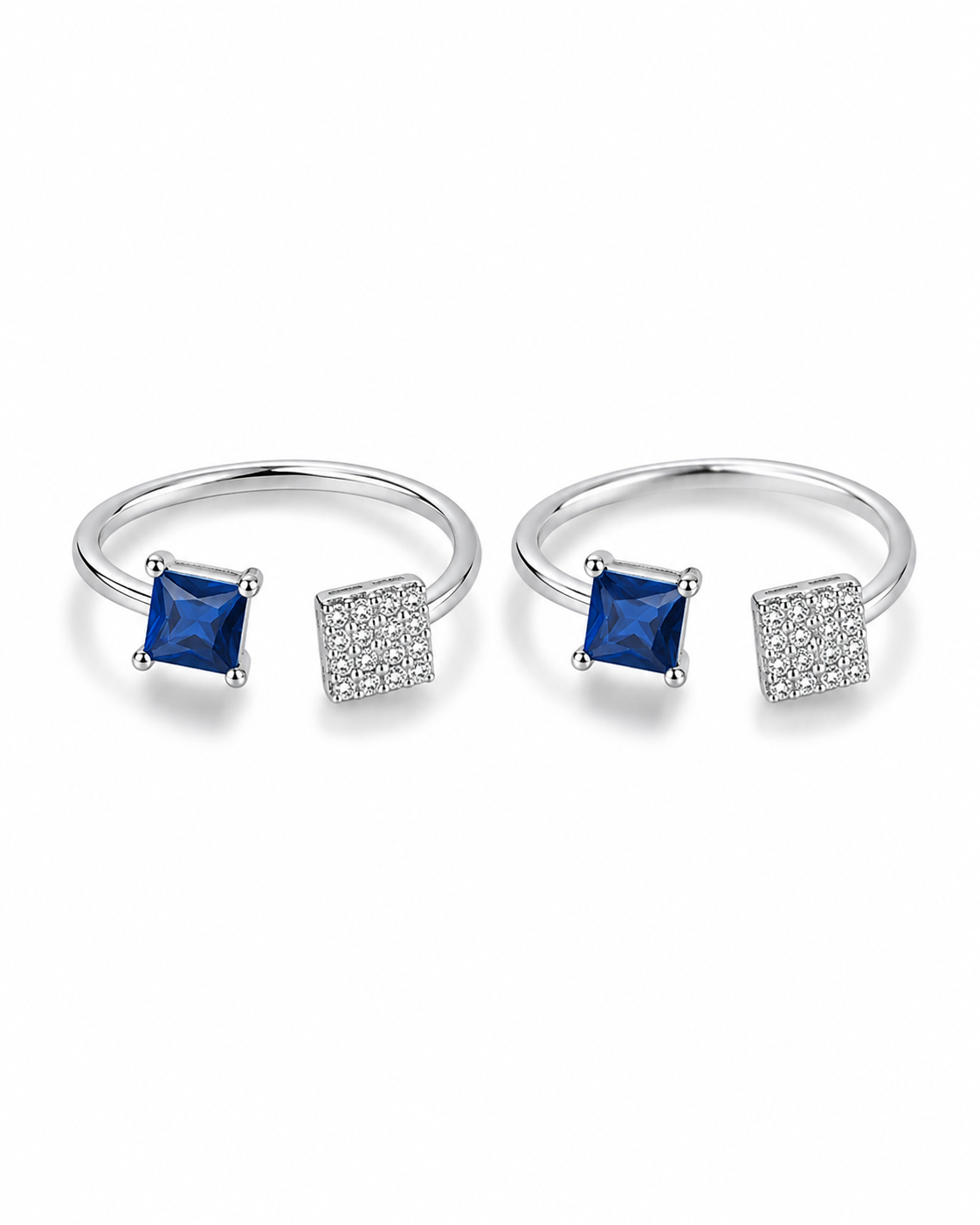 925 Sterling Silver Women's Blue Square Twin Stone Toe Rings - Pair - White Background