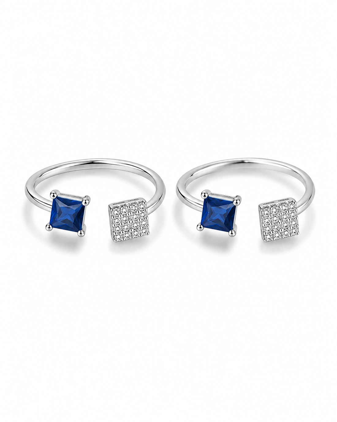925 Sterling Silver Women's Blue Square Twin Stone Toe Rings - Pair - White Background