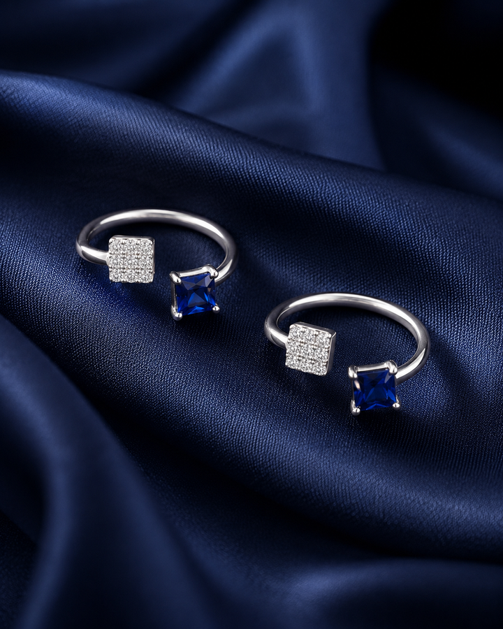 925 Sterling Silver Women's Blue Square Twin Stone Toe Rings - Pair - Navy Blue Background
